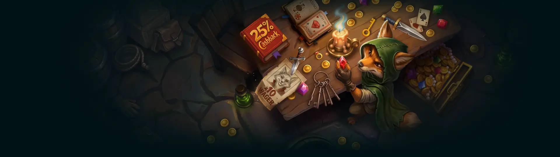 Rivo fox beside a treasure chest